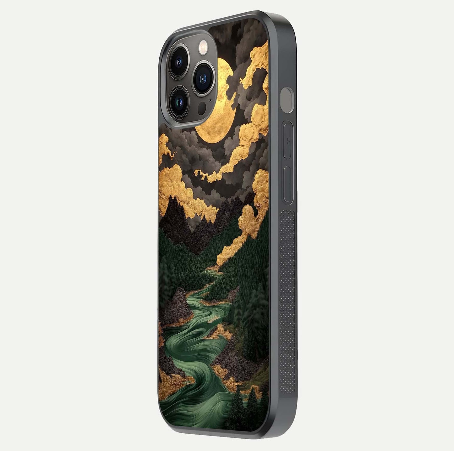 Golden River Moon Glass Case for iPhone 12 Pro Max side-angle image showing reflection clarity and detailed nightscape