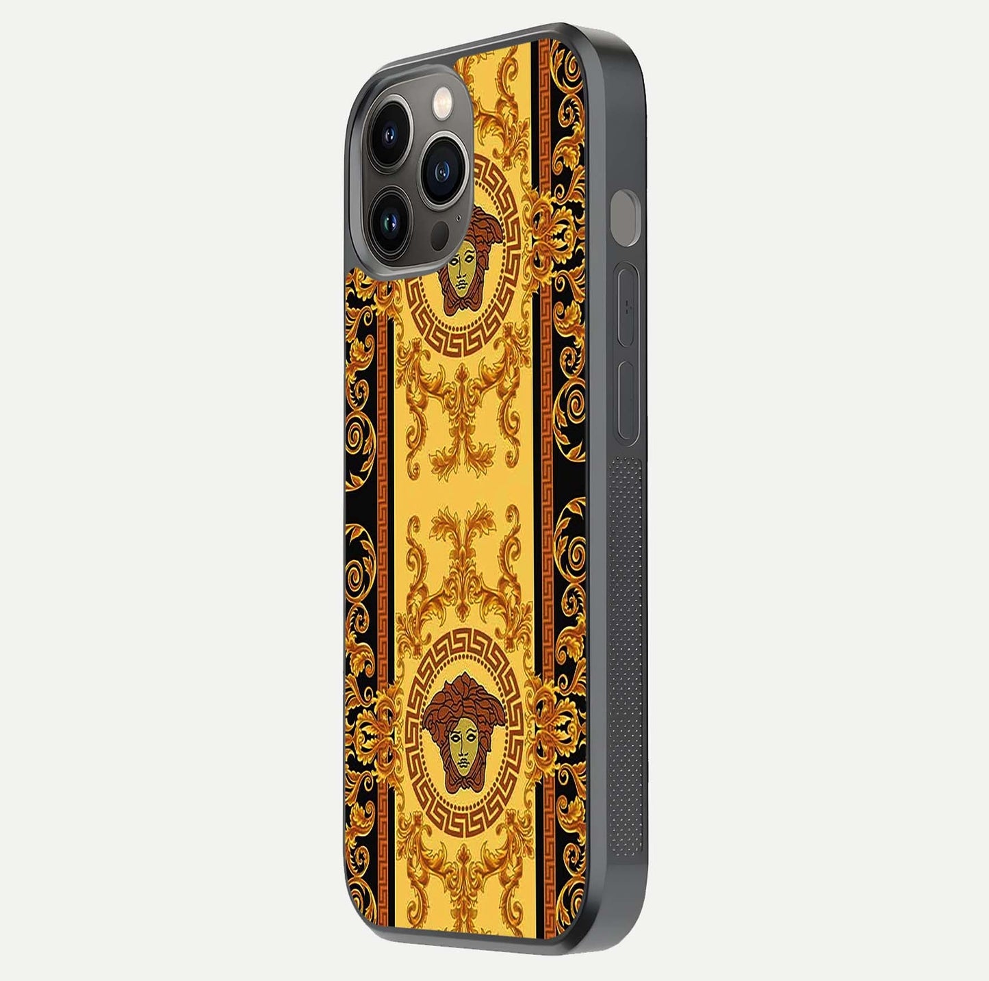 Golden Royal Heritage Glass Case for iPhone 12 Pro Max side-angle image showing reflection glow and luxury detailing