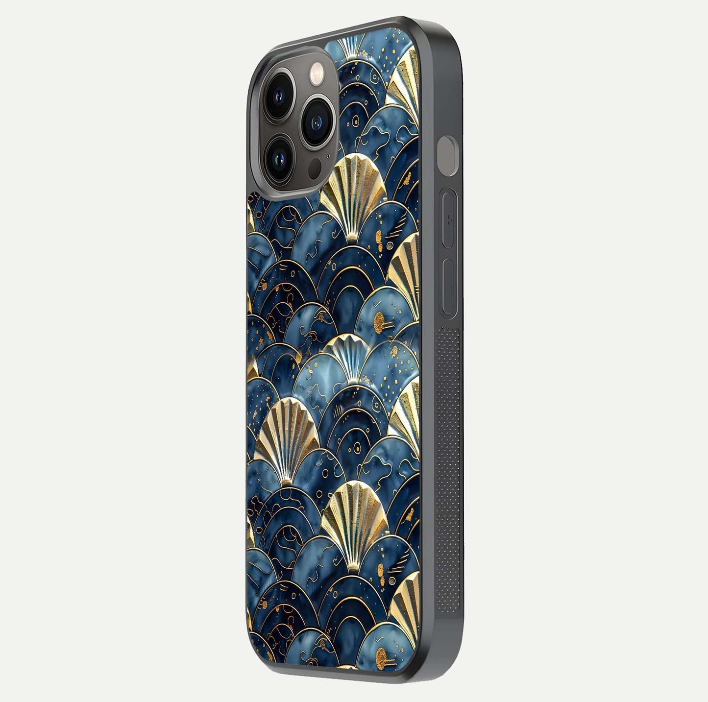 Golden Wave Luxe Glass Case for iPhone 12 Pro Max side-angle image showing reflection clarity and polished finish