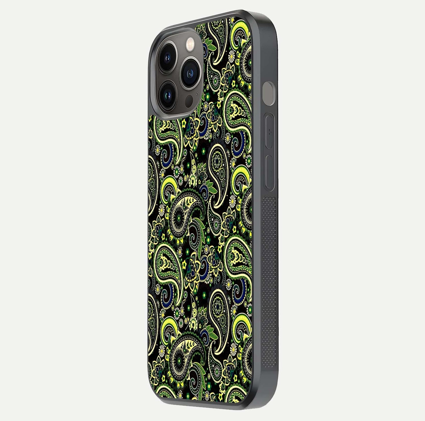 Green Mandala Pattern Glass Case for iPhone 12 Pro Max side-angle image showing reflection clarity and detailed pattern lines