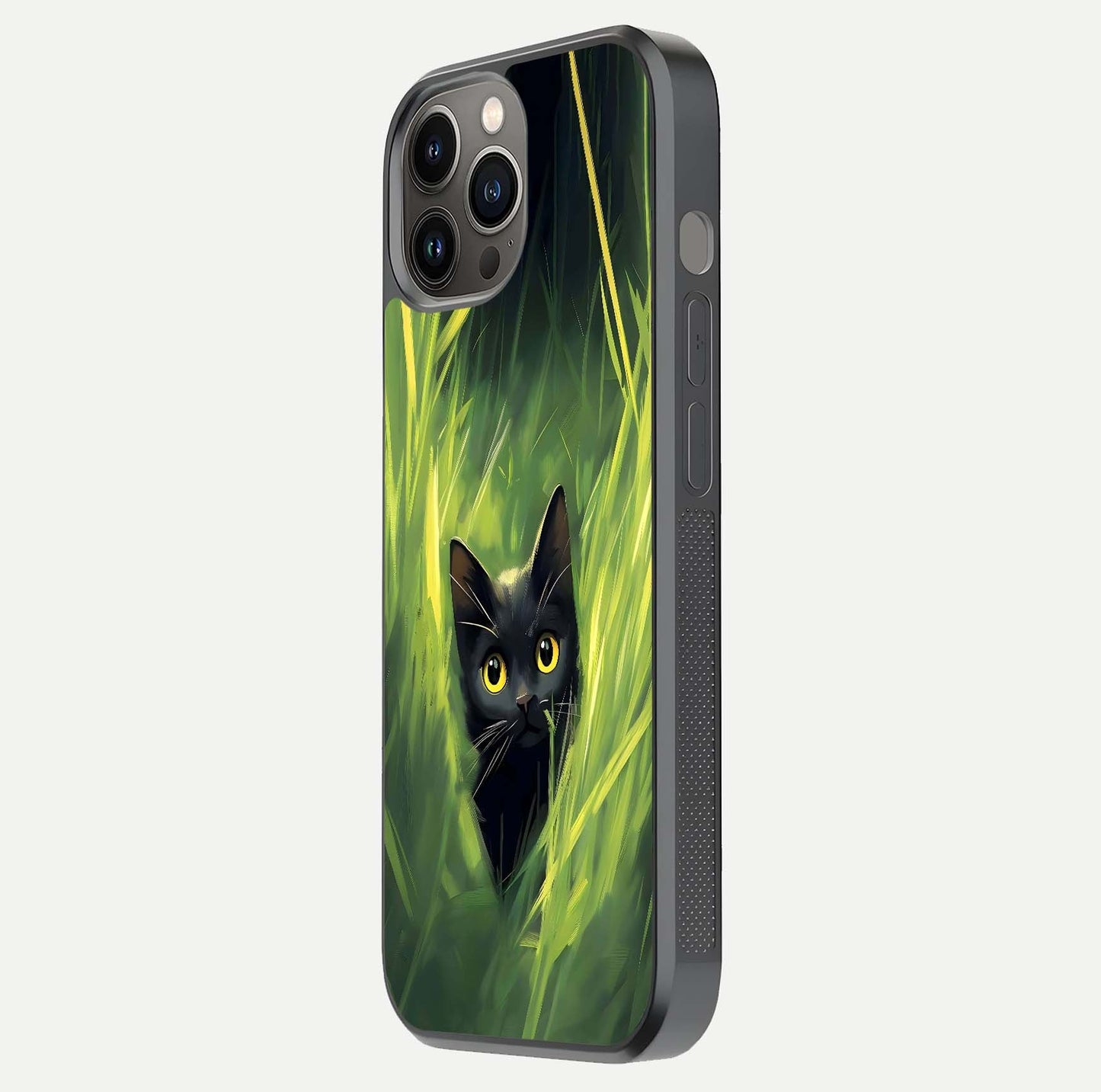Hidden Cat Whisper Glass Case for iPhone 12 Pro Max side-angle image showing reflection glow and subtle artistic texture