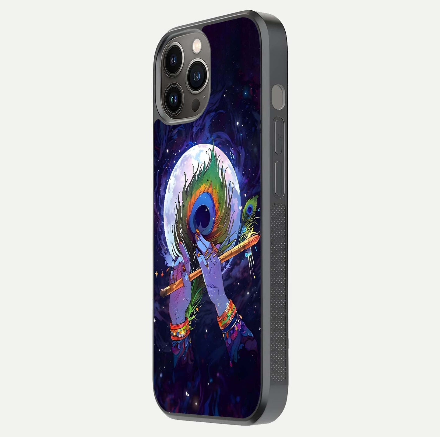 Krishna Hands Art Glass Case for iPhone 12 Pro Max side-angle image highlighting reflection brightness and vivid print