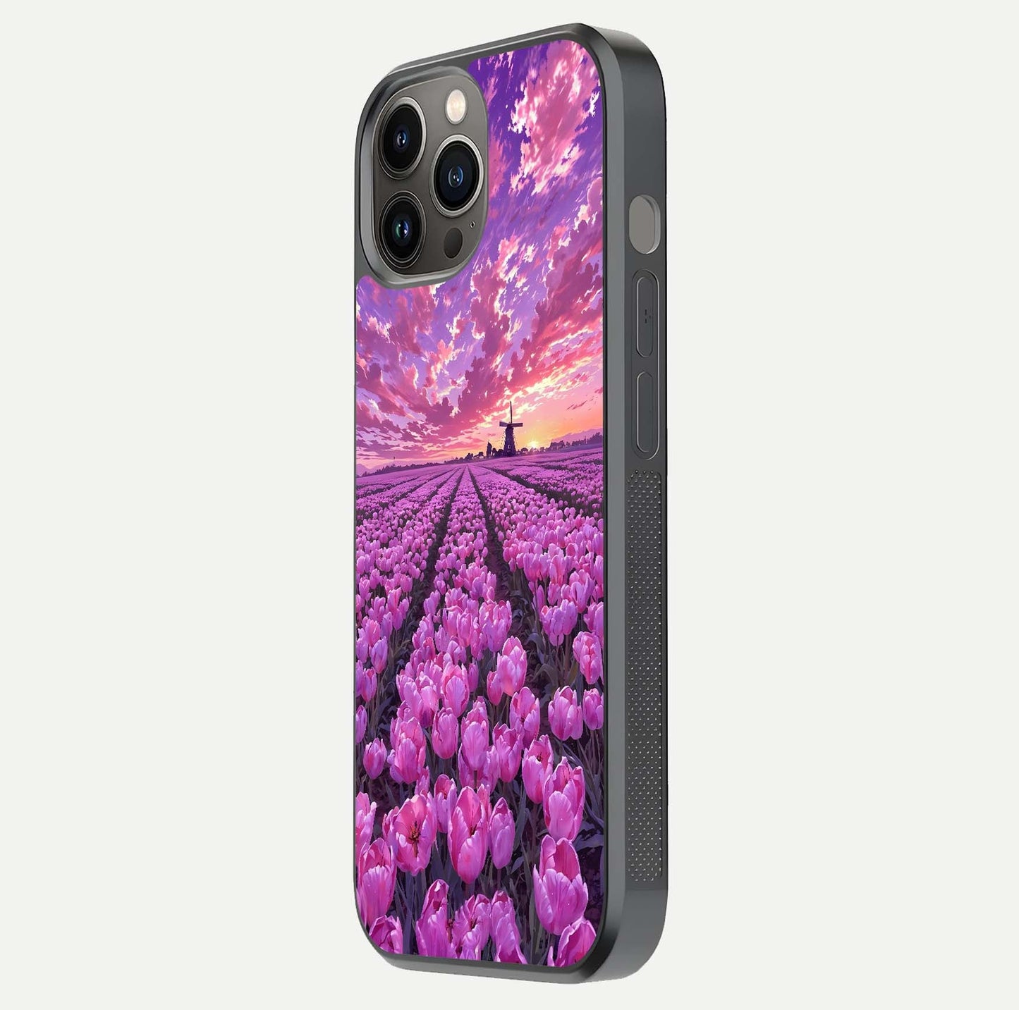 Lavender Dream Skies Glass Case for iPhone 12 Pro Max side-angle image showing reflection depth and serene tones