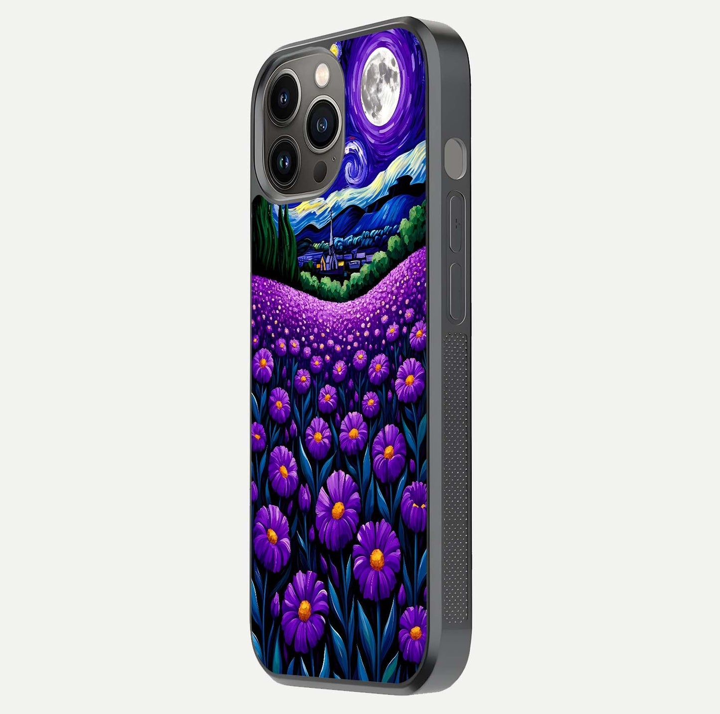 Lavender Moon Field Glass Case for iPhone 12 Pro Max side-angle image showing HD reflection and moonlit lavender art