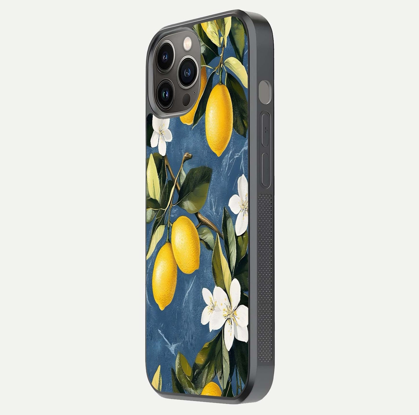 Lemon Dream Garden Glass Case for iPhone 12 Pro Max side-angle image showing reflection clarity and artistic fruit design