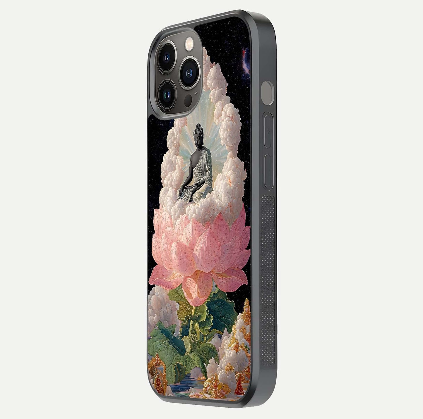 Lotus Divine Peace Glass Case for iPhone 12 Pro Max side-angle shot showing elegant shine and floral symmetry