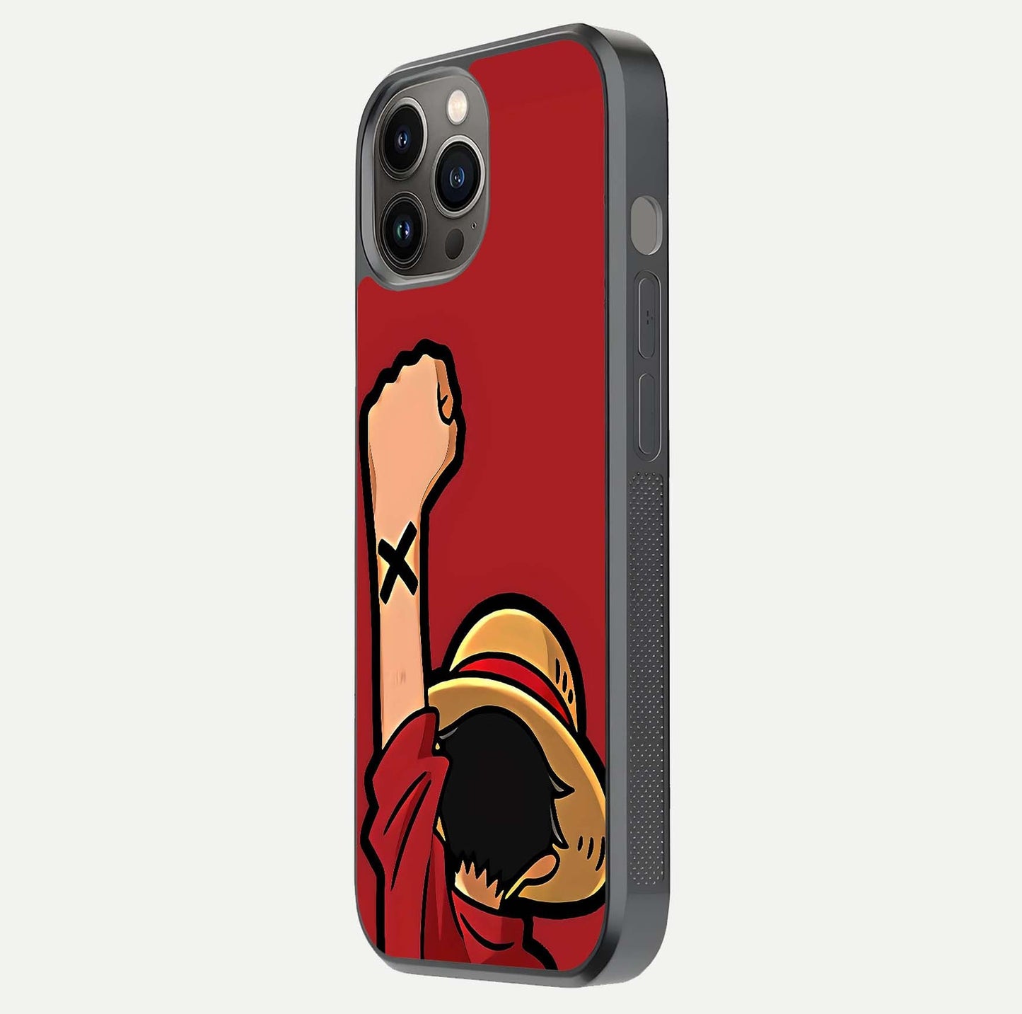 Luffy X Spirit Glass Case for iPhone 12 Pro Max side-angle image highlighting reflection strength and anime print