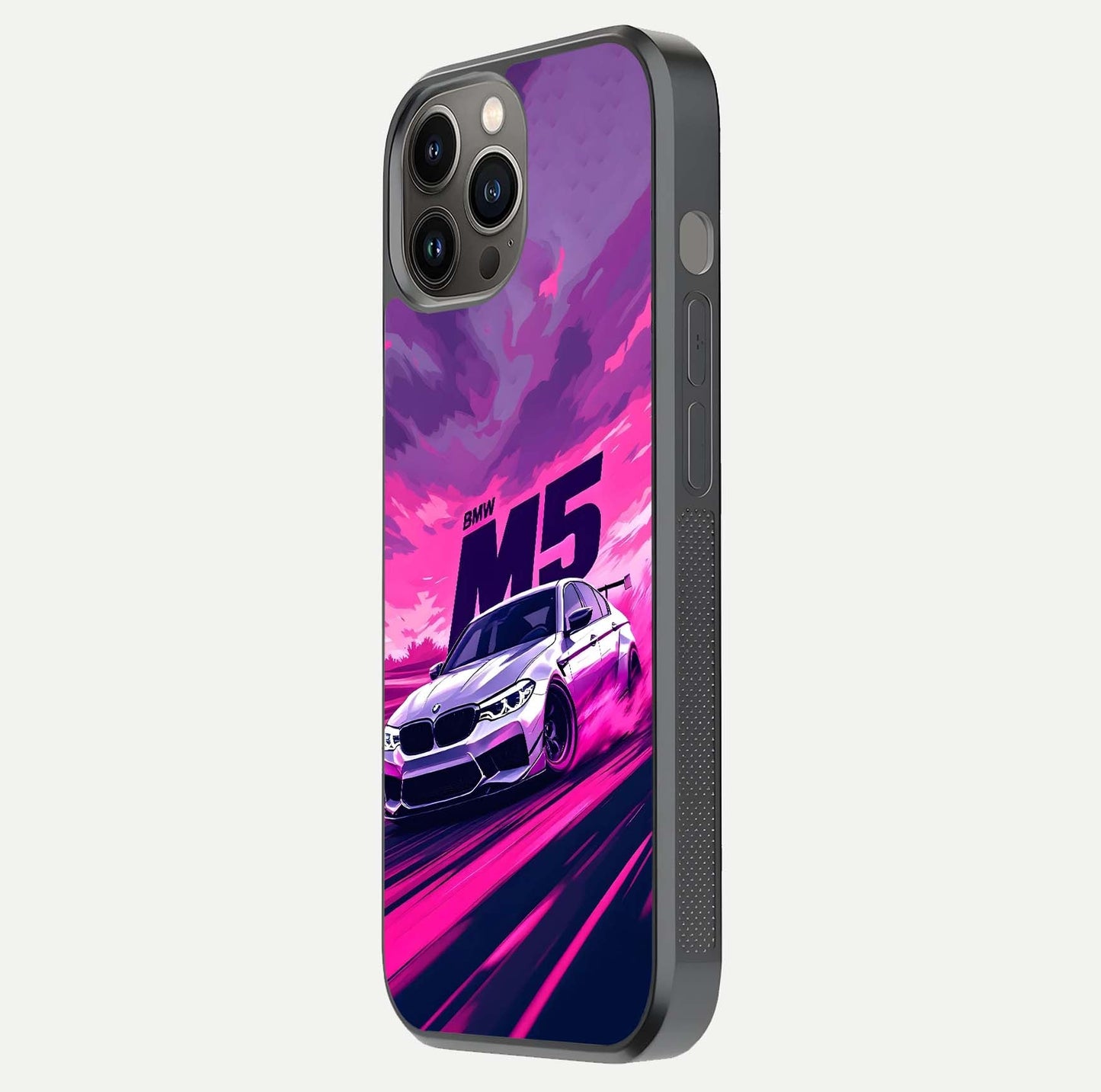 MS Neon Car Glass Case for iPhone 12 Pro Max side-angle image showing glow reflection and car detailing