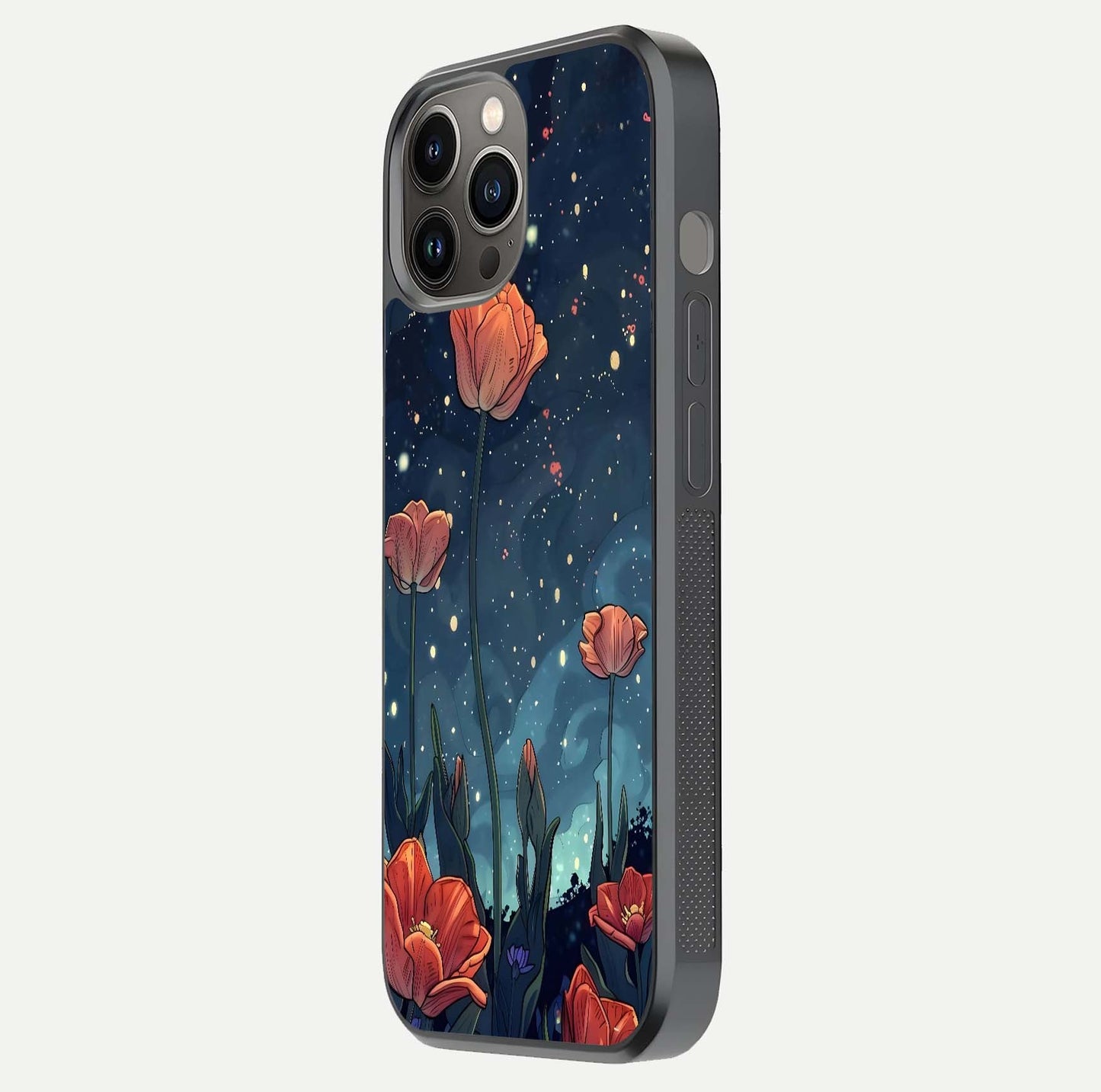 Midnight Tulip Glow Glass Case for iPhone 12 Pro Max side-angle image showing shine depth and flower artwork