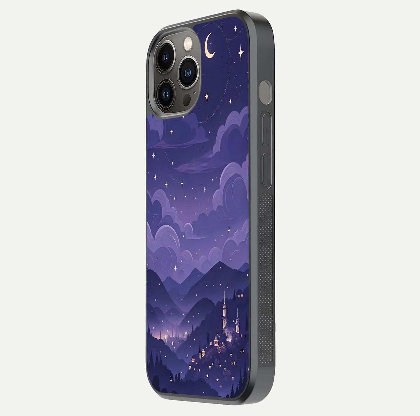 Minimal Night View Glass Case for iPhone 12 Pro Max side-angle image showing subtle reflection and urban design