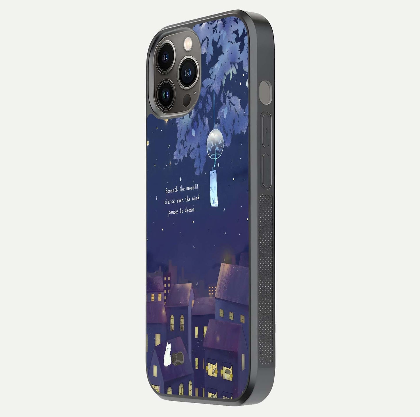 Moonlit Cat Silence Glass Case for iPhone 12 Pro Max side-angle image showing HD gloss and feline artwork detail