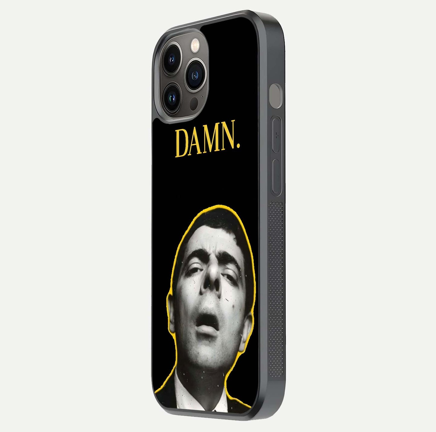 Mr Bean Damn Glass Case for iPhone 12 Pro Max side-angle image emphasizing HD print clarity and playful theme