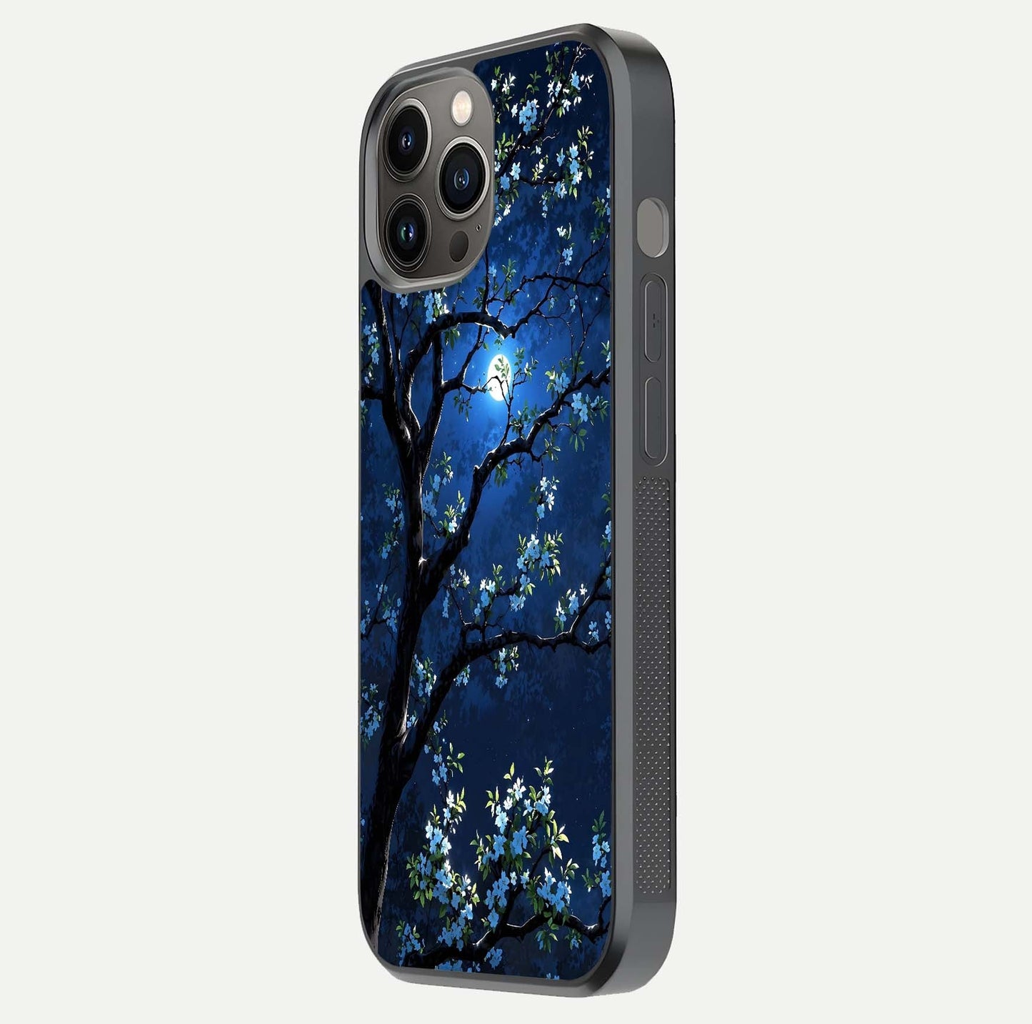 Mystic Floral Night Glass Case for iPhone 12 Pro Max side-angle image showing gloss surface and midnight floral tones