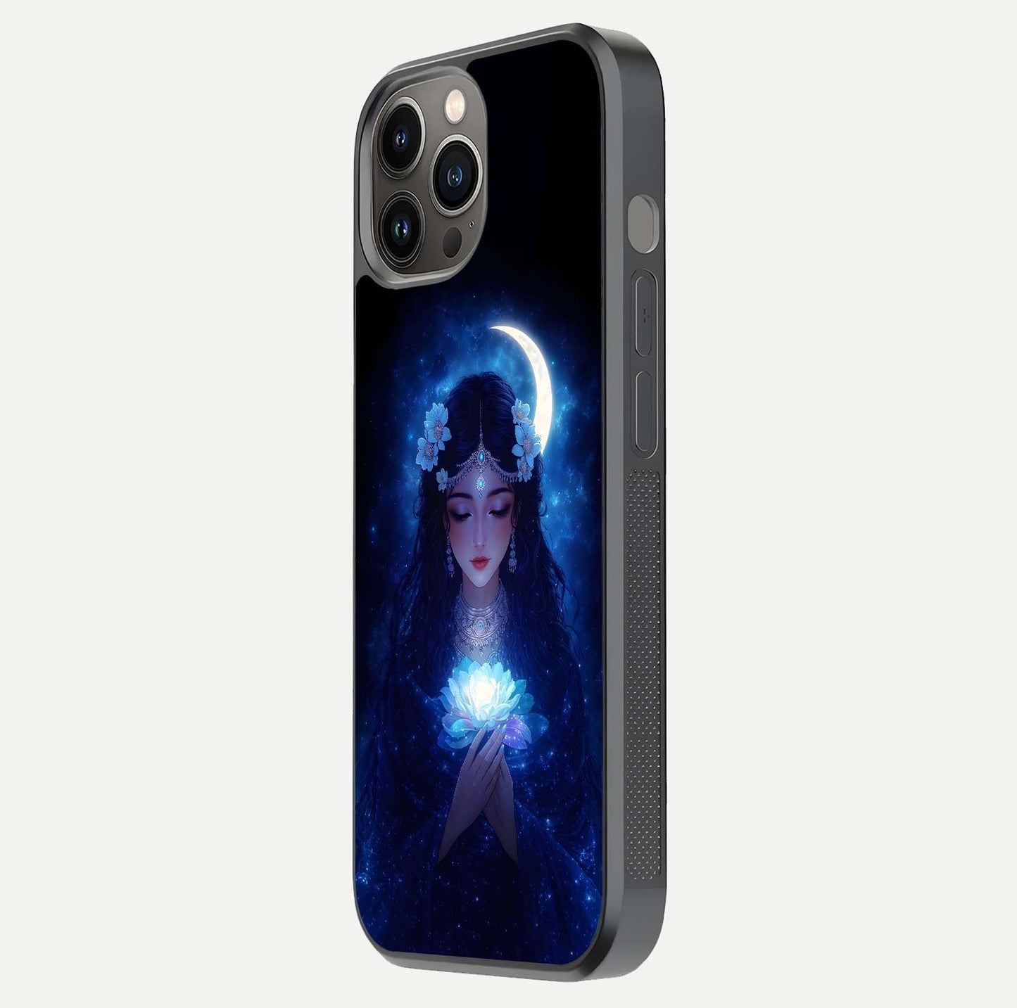 Mystic Moon Queen Glass Case for iPhone 12 Pro Max side-angle image showing reflection and celestial details