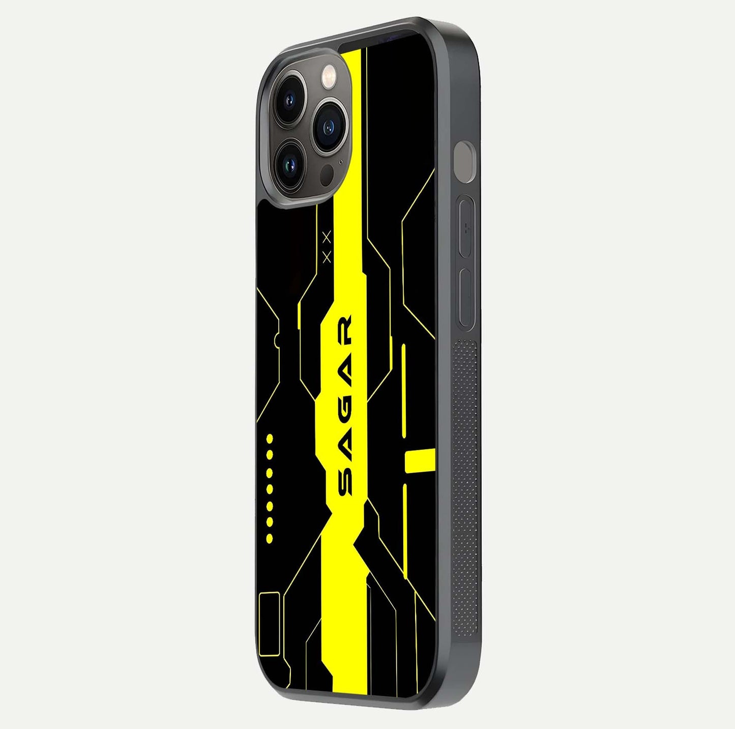 Neon CYBERPUNK Custom Name Glass Case for iPhone 12 Pro Max side-angle image showing glow depth and bold print