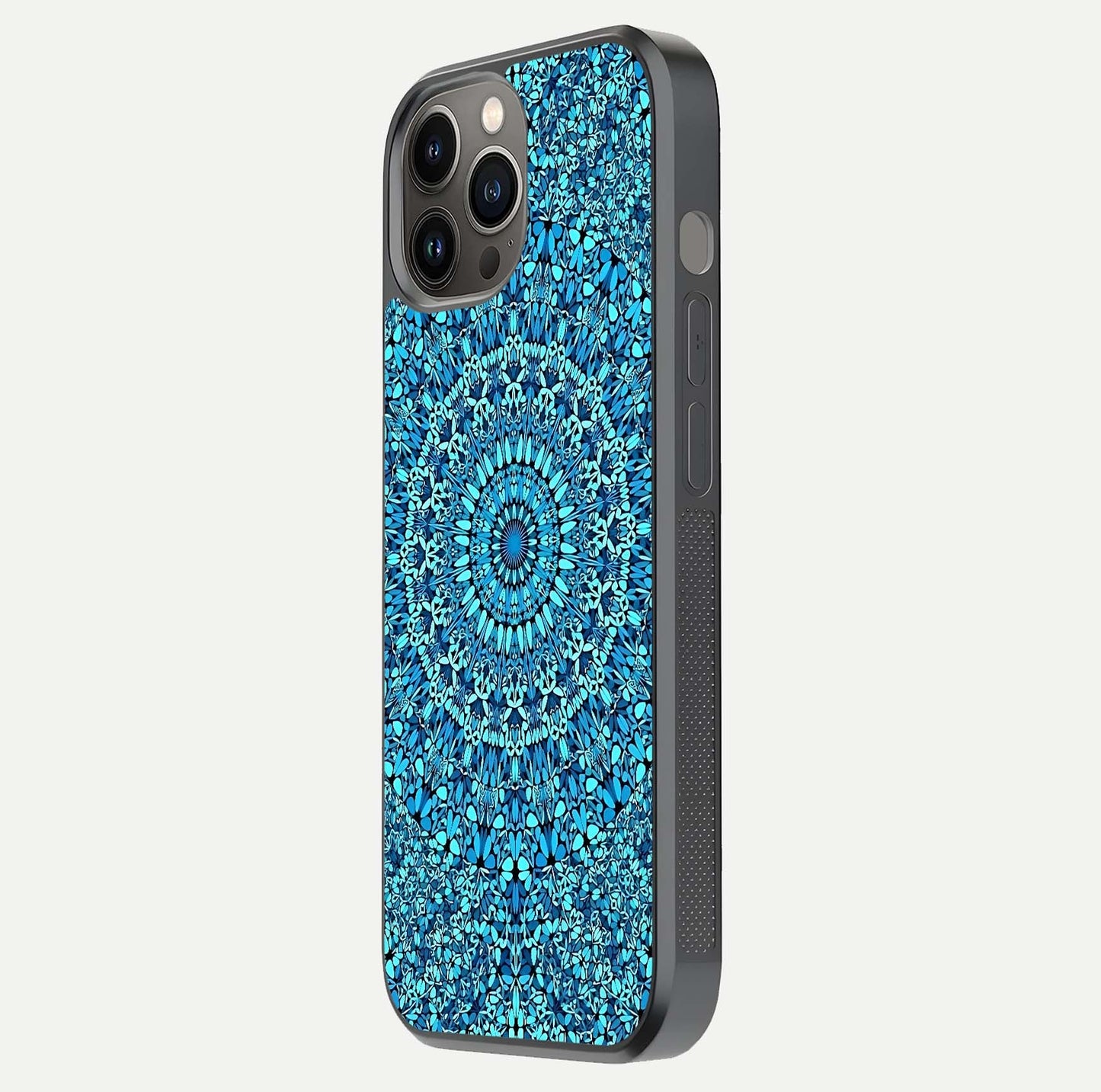Ocean Bloom Mandala Glass Case for iPhone 12 Pro Max side-angle image showing reflection and detailed floral pattern