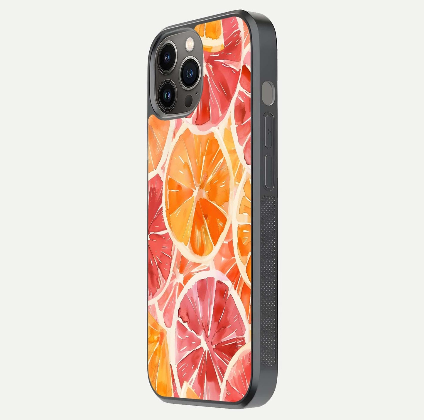 Orange Fruits Pattern Glass Case for iPhone 12 Pro Max side-angle image showing glossy shine and citrus pattern