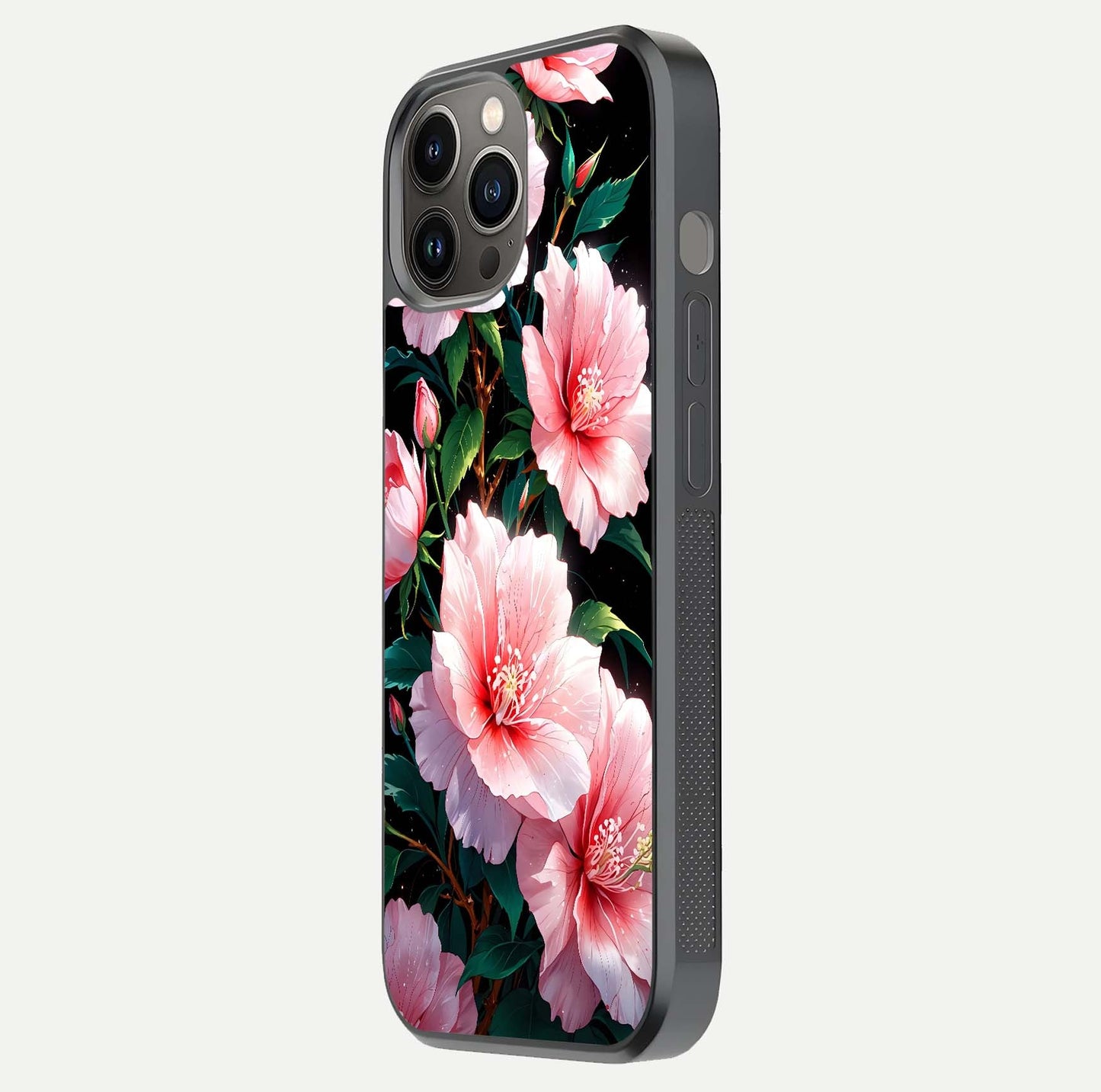 Peach Flower Glass Case for iPhone 12 Pro Max side-angle image showing gloss depth and peach blossom detail
