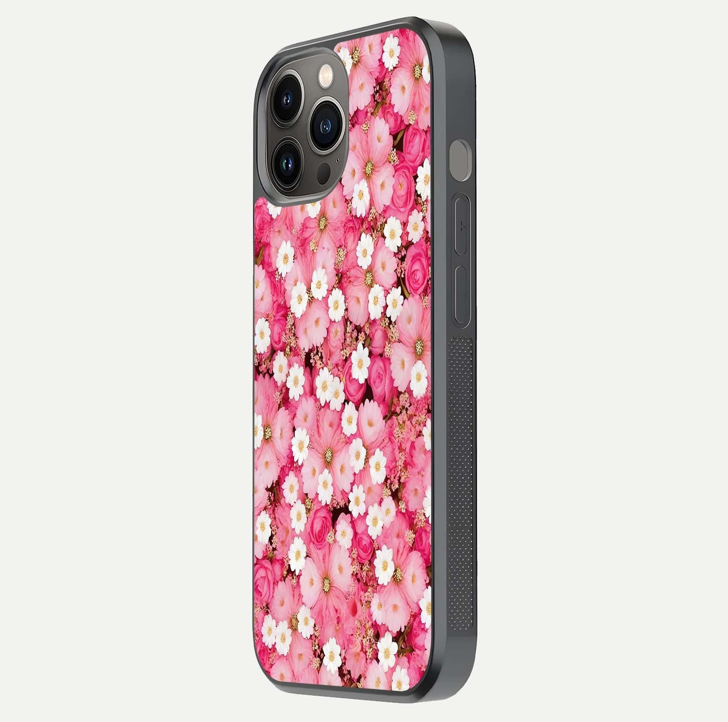 Pink Daisy Bliss Glass Case for iPhone 12 Pro Max side-angle image showing delicate daisy pattern and glass reflection