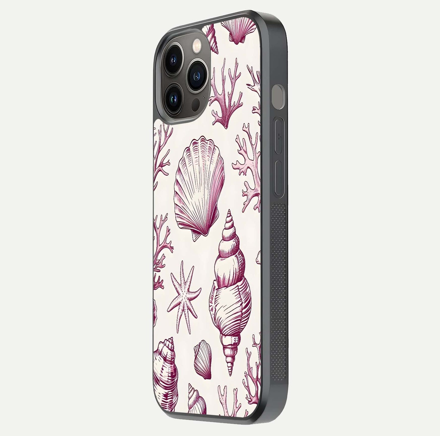 Pink Shells Outline Glass Case for iPhone 12 Pro Max side-angle image showing shine and intricate outline texture