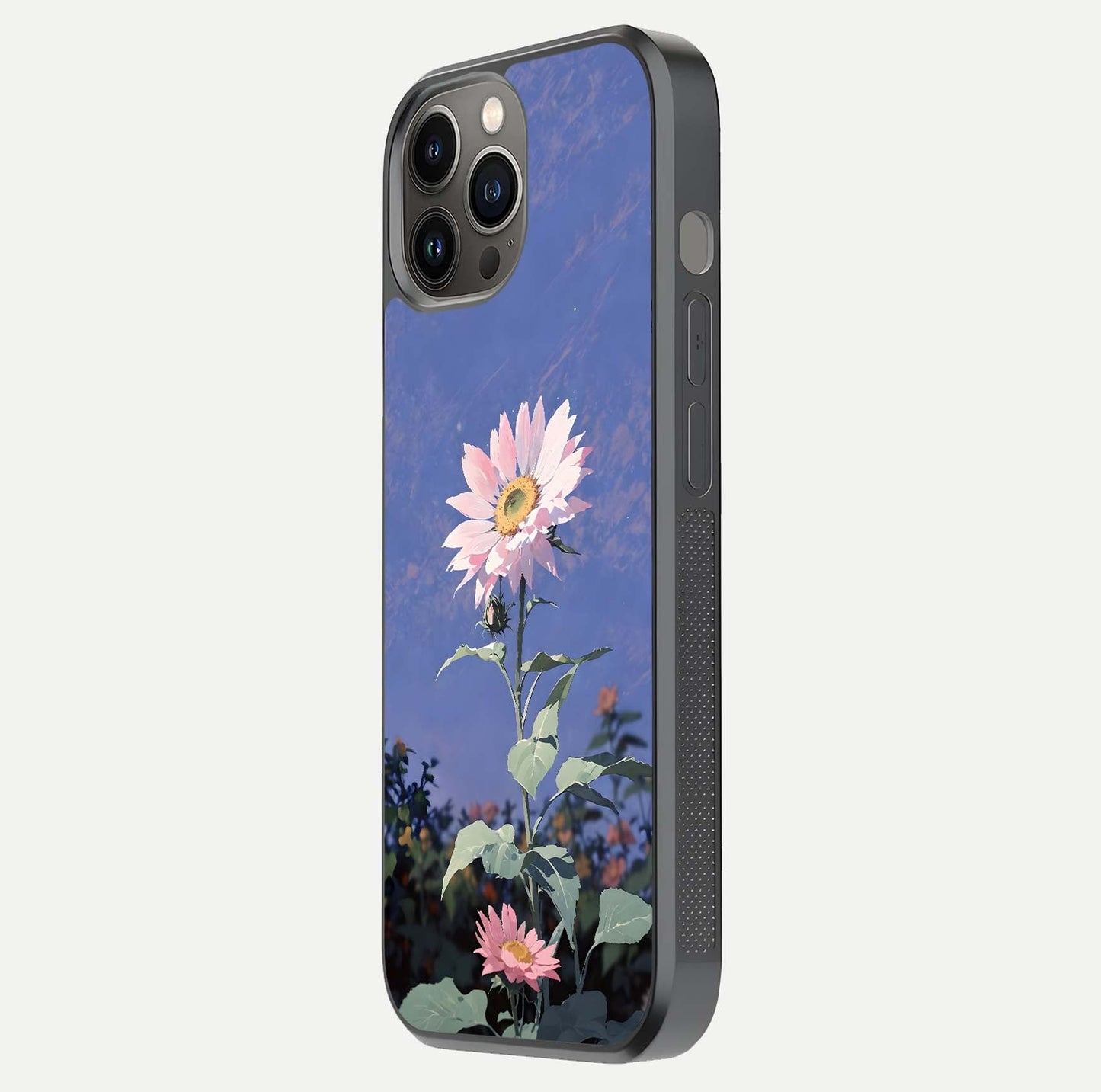 Pink Sunflower Glow Glass Case for iPhone 12 Pro Max side-angle image showing glossy edges and vivid sunflower tones