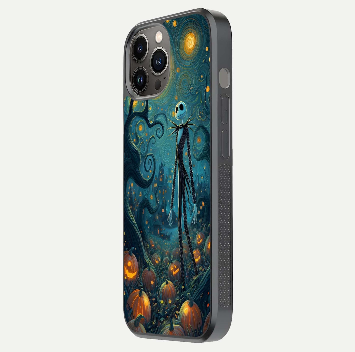 Pumpkin Moonlight Tale Glass Case for iPhone 12 Pro Max side-angle image showing glow texture and Halloween vibe