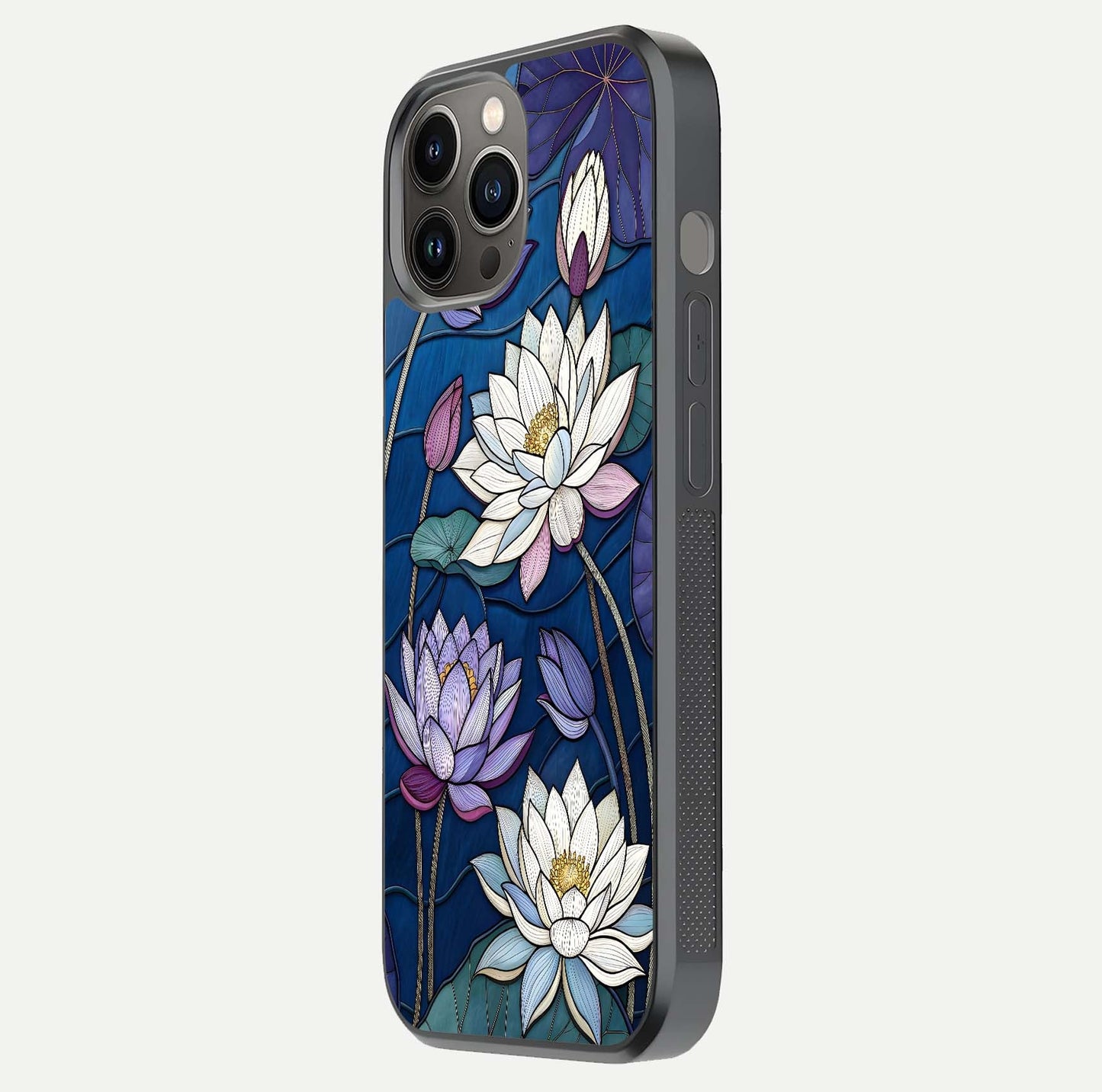 Purple Lotus Stained Glass Case for iPhone 12 Pro Max side-angle image showing gloss, reflection, and intricate detailing