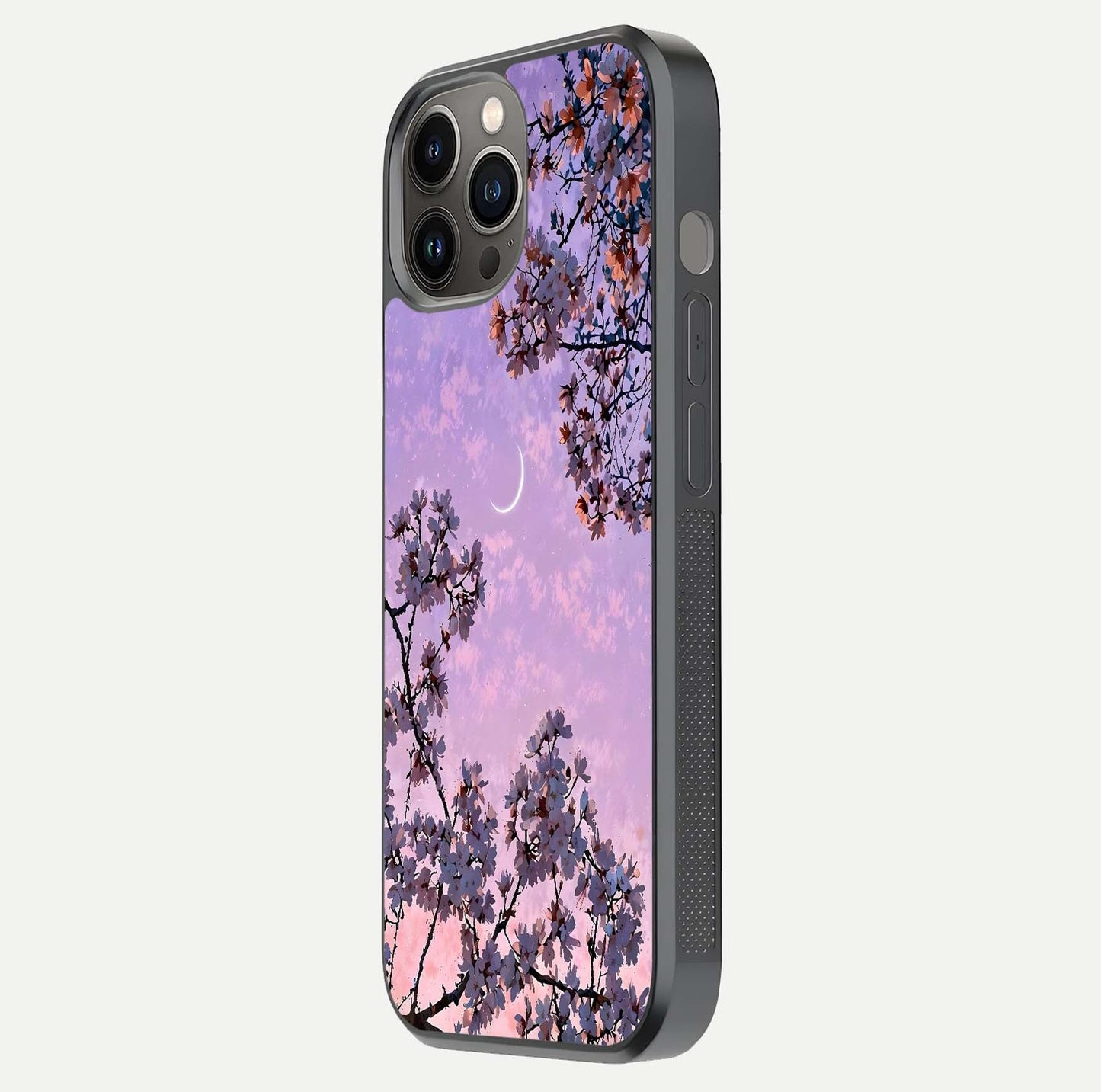 Purple Serenity Moon Glass Case for iPhone 12 Pro Max side-angle image showing reflection and lunar art precision