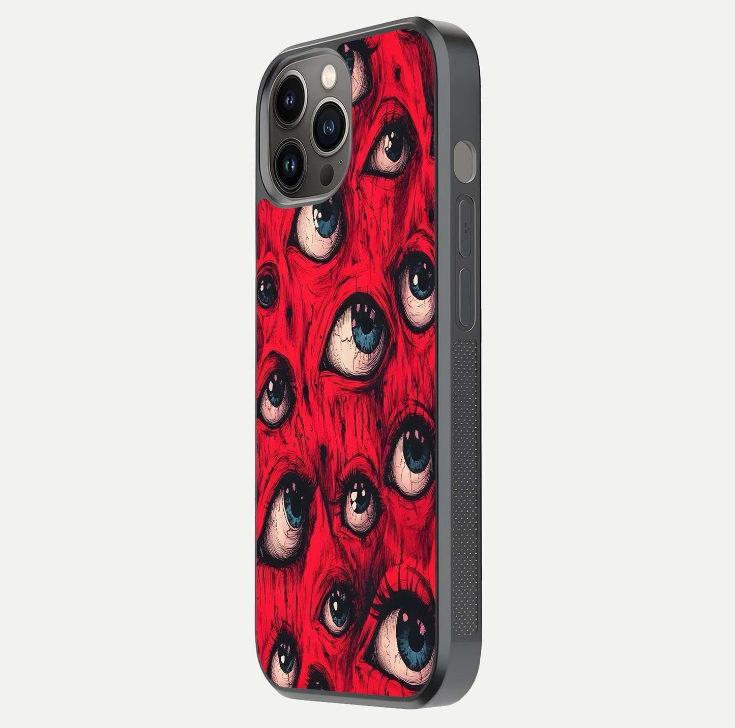 Red Cherries Pattern Glass Case for iPhone 12 Pro Max side-angle image showing gloss surface and cherry details