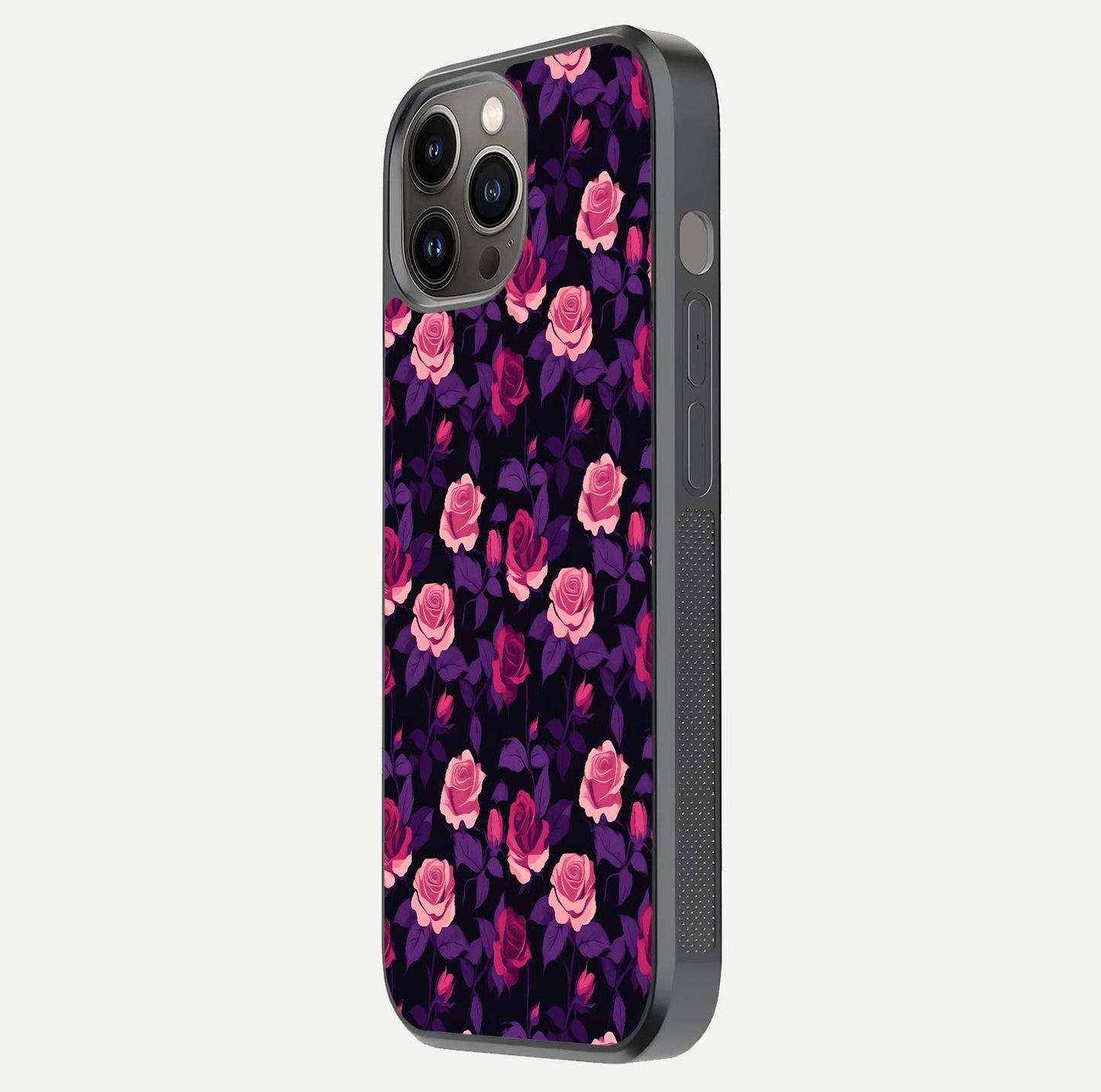 Rose Garden Twilight Glass Case for iPhone 12 Pro Max side-angle image showing reflection, gloss, and floral detail