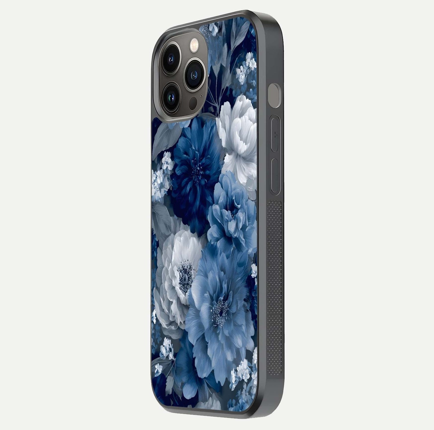 Royal Bloom Garden Glass Case for iPhone 12 Pro Max side-angle image showing floral pattern, edges, and reflection
