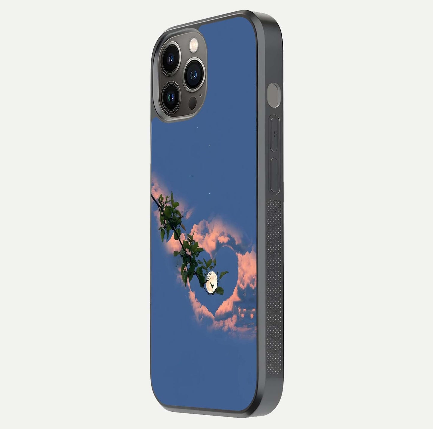 Sky Under Tree Glass Case for iPhone 12 Pro Max side-angle image showing shine, edge texture, and scenic detail