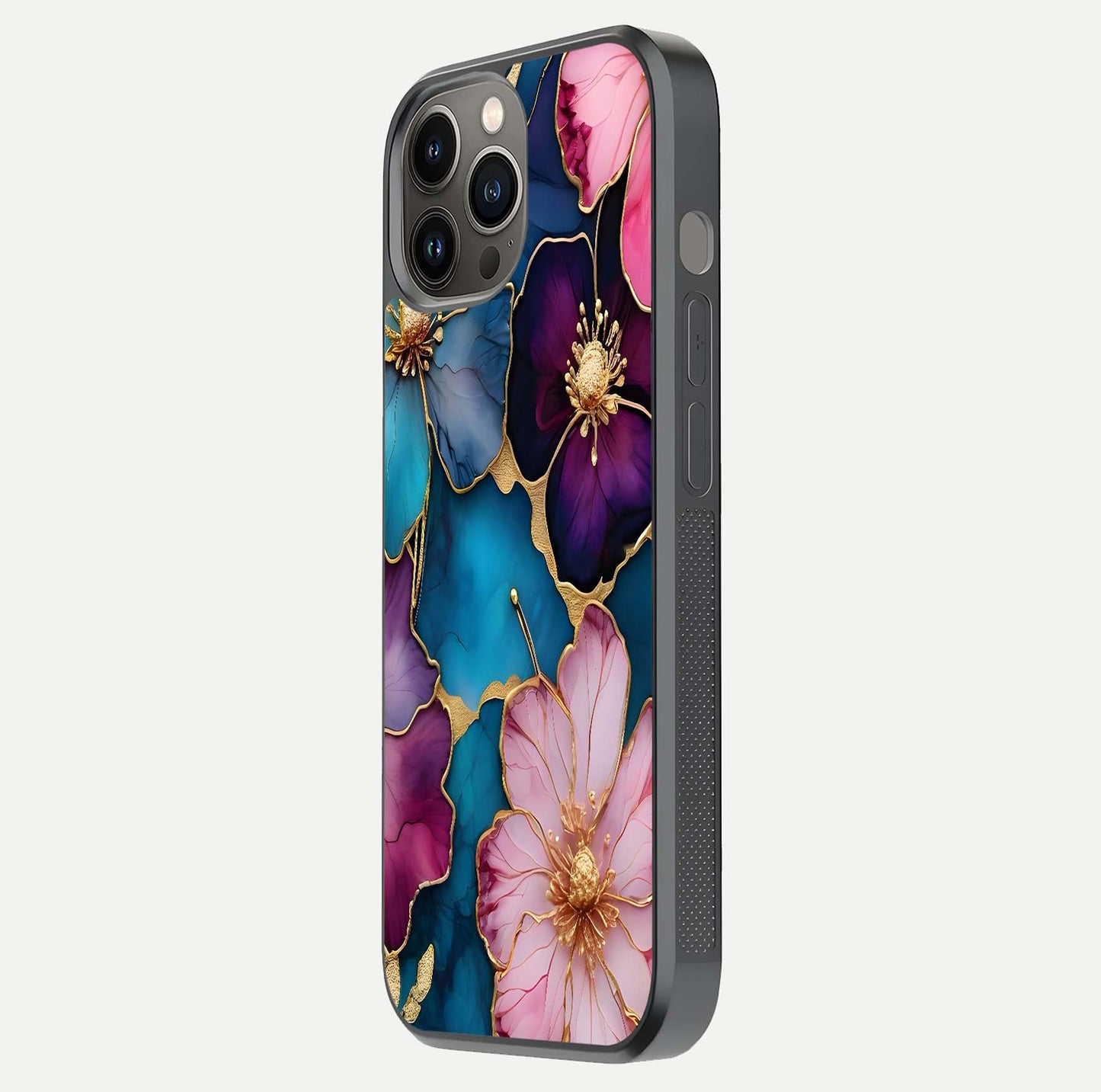 Sparkle Floral Glass Case for iPhone 12 Pro Max side-angle image showing reflection, gloss, and floral texture
