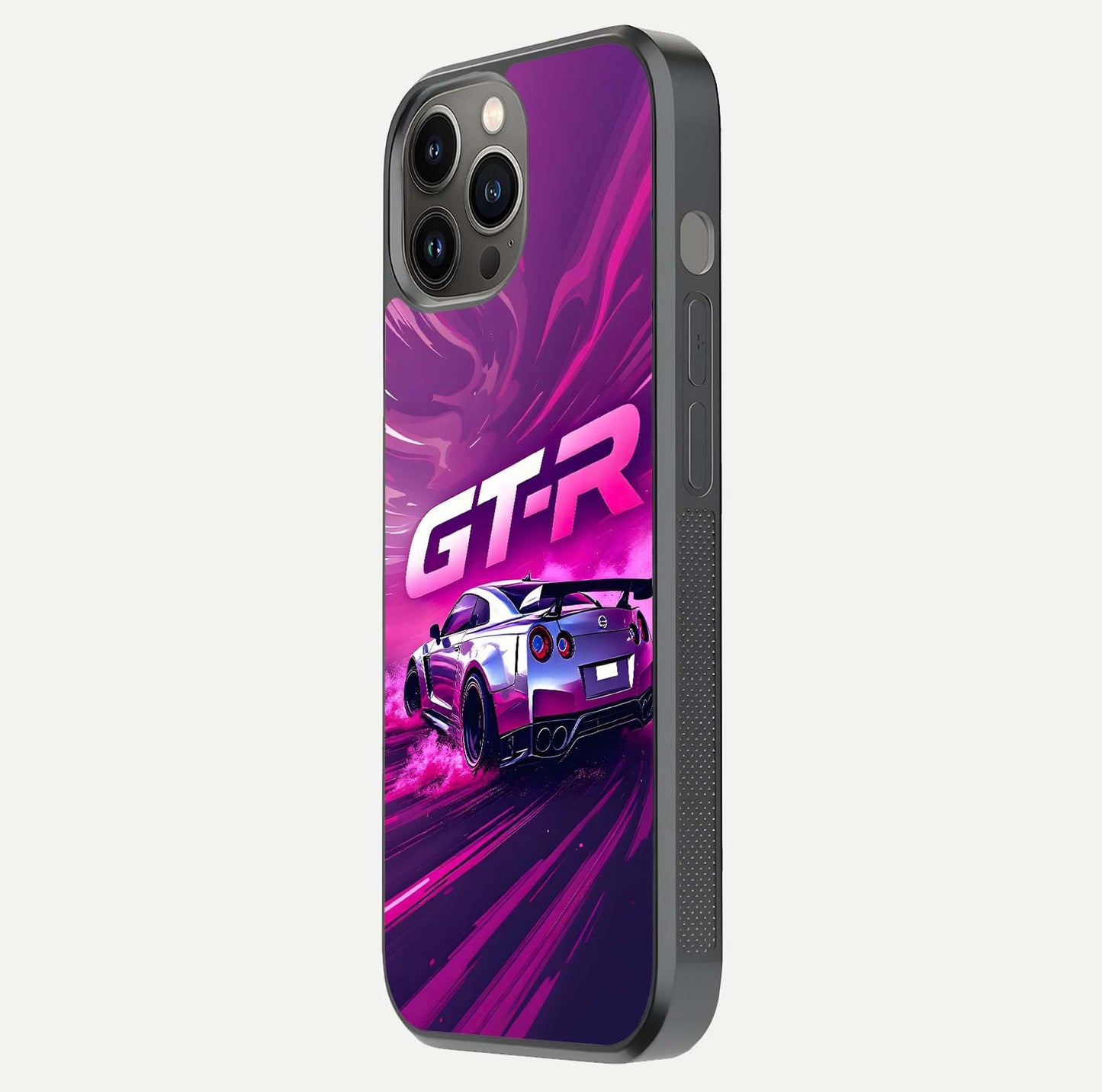 Speed Drift Legend Glass Case for iPhone 12 Pro Max side-angle image showing car print reflection and surface gloss