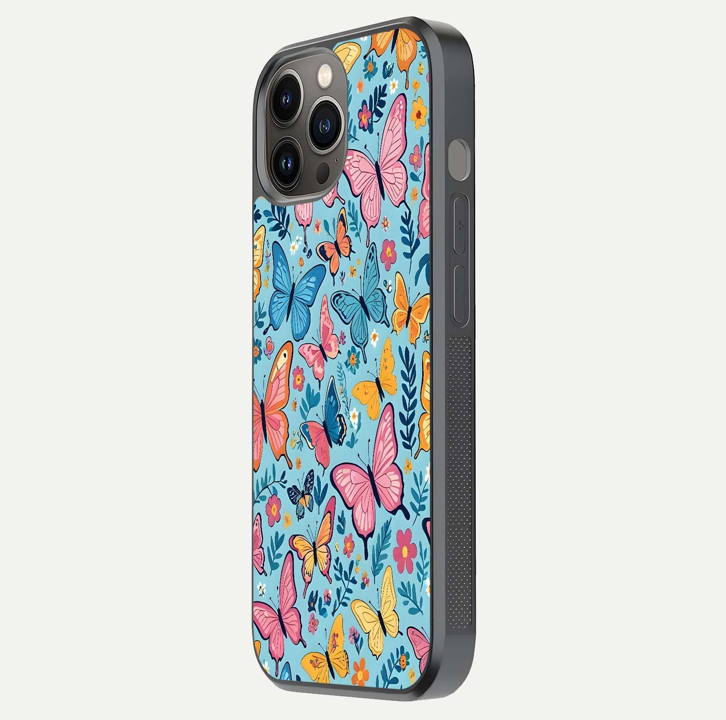 Spring Wing Garden Glass Case for iPhone 12 Pro Max side-angle image showing shine, color, and pattern depth