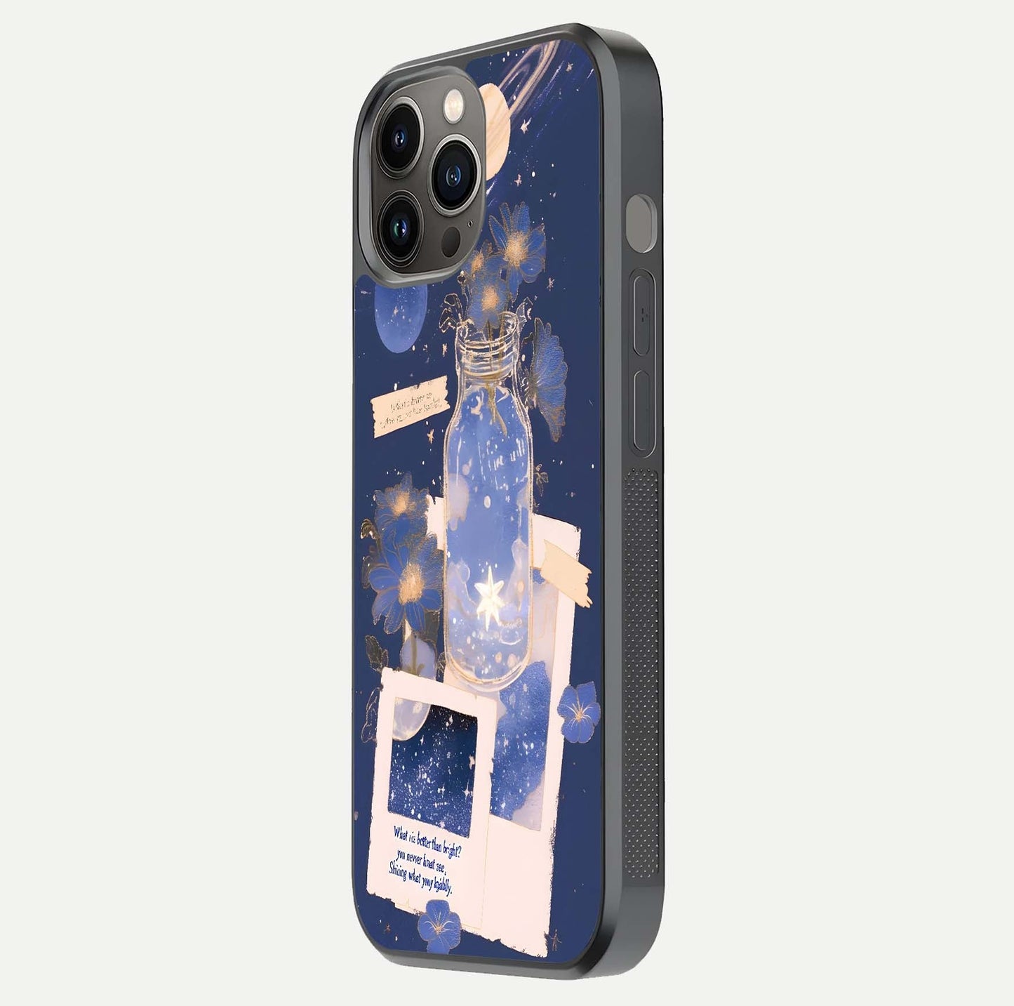 Starlit Cosmic Jar Glass Case for iPhone 12 Pro Max side-angle image showing glow, texture, and light reflection