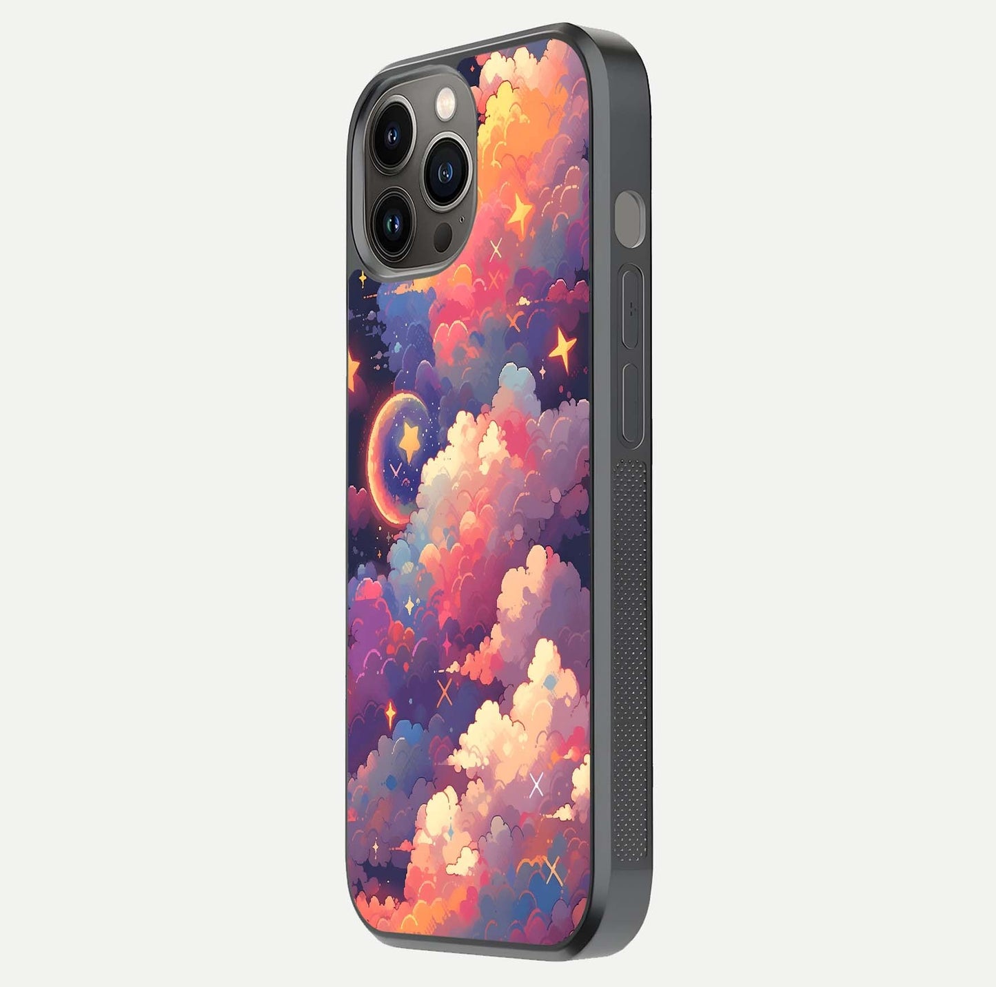 Starlit Dream Clouds Glass Case for iPhone 12 Pro Max side-angle image showing shine, reflection, and dreamy tones