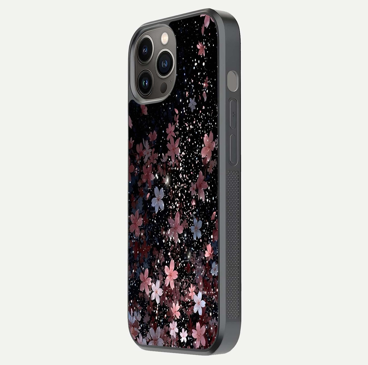 Starlit Flower Dreams Glass Case for iPhone 12 Pro Max side-angle image showing shine, edge detail, and floral contrast
