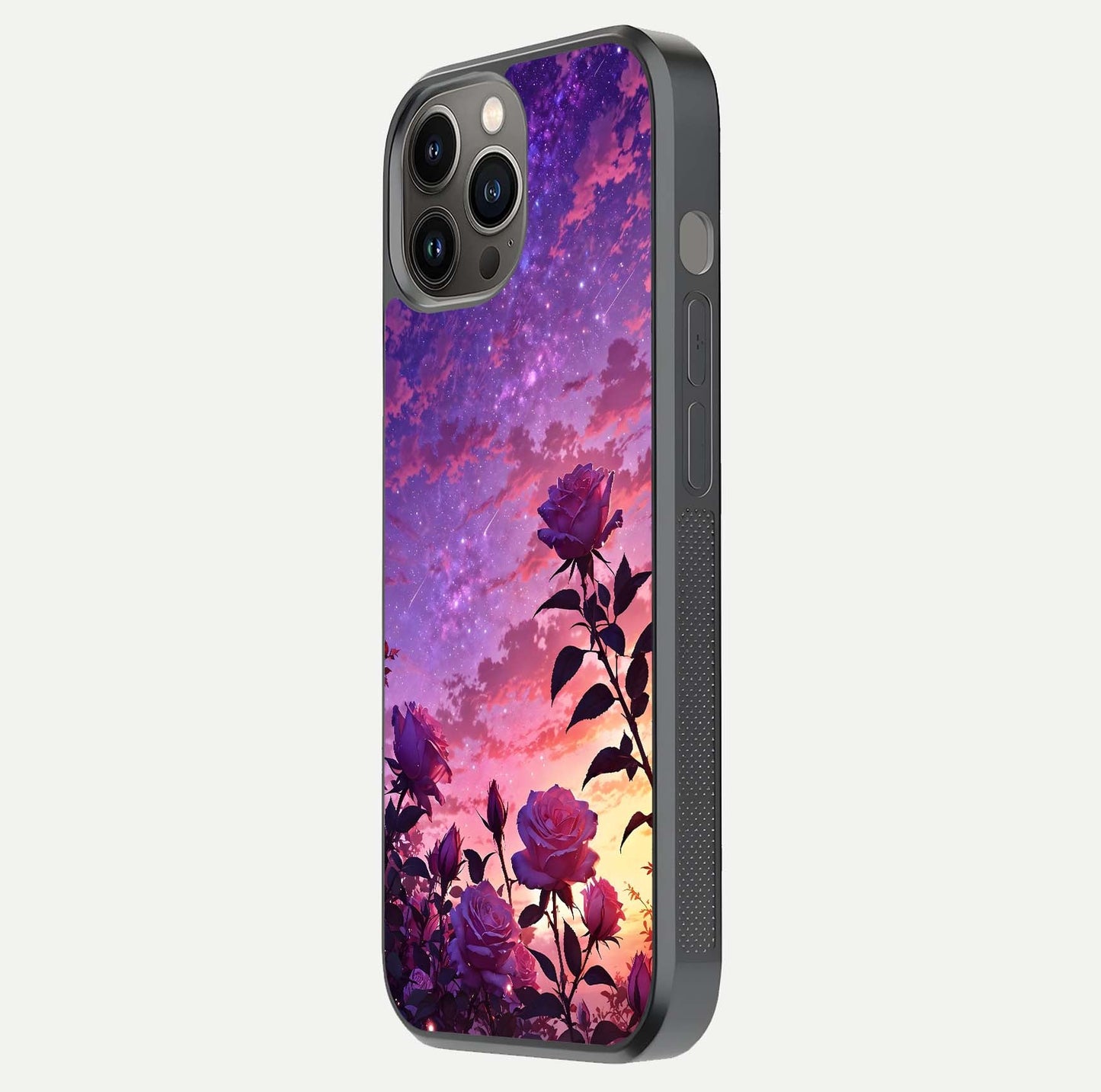 Starlit Rose Twilight Glass Case for iPhone 12 Pro Max side-angle image showing reflection and petal contrast