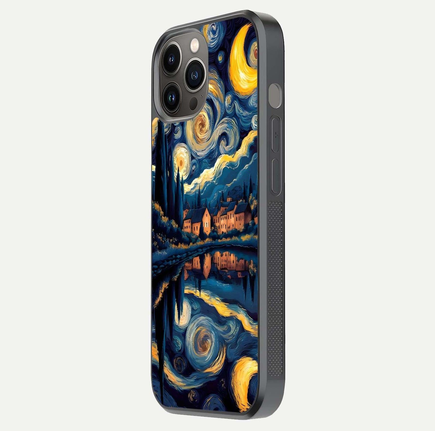 Starry Sky Serenity Glass Case for iPhone 12 Pro Max side-angle image showing reflection and night-sky detail