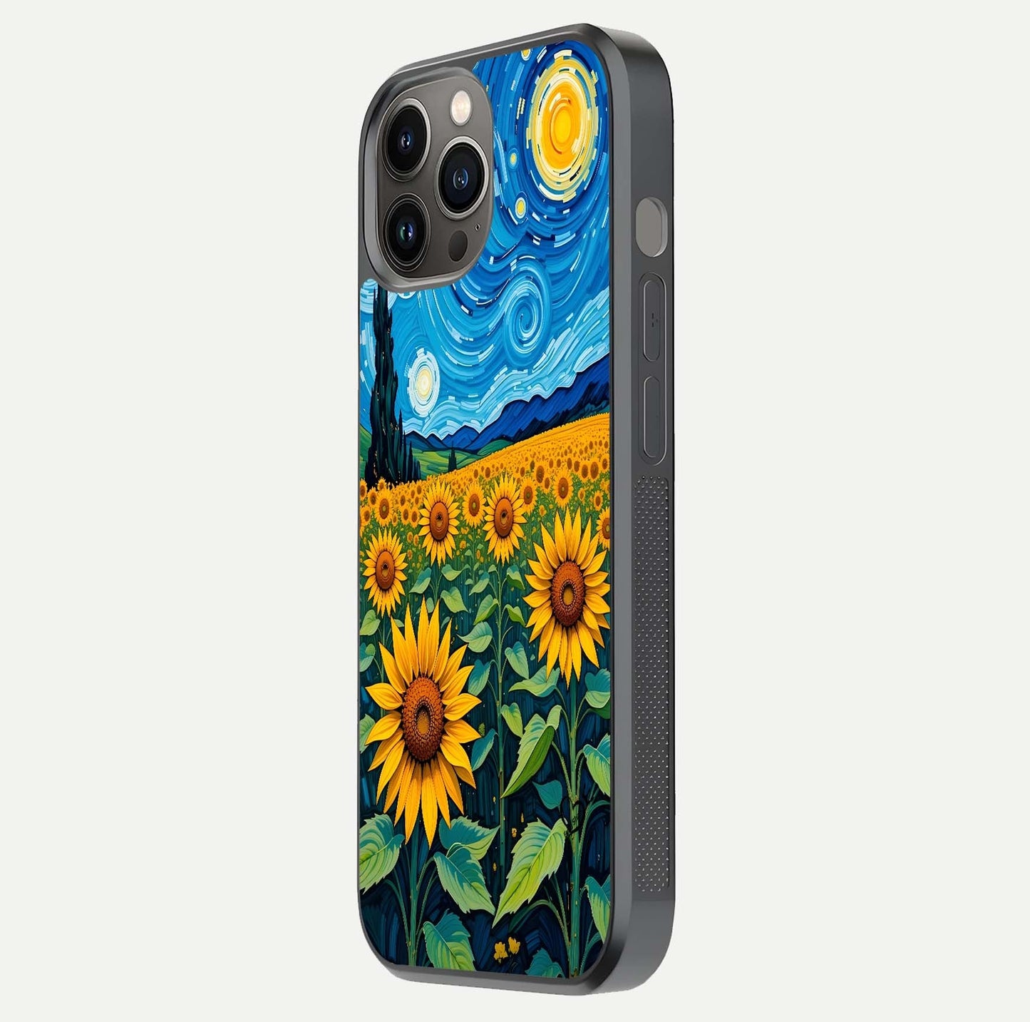 Starry Sunflower Dreams Glass Case for iPhone 12 Pro Max side-angle image showing reflection, stars, and yellow tone