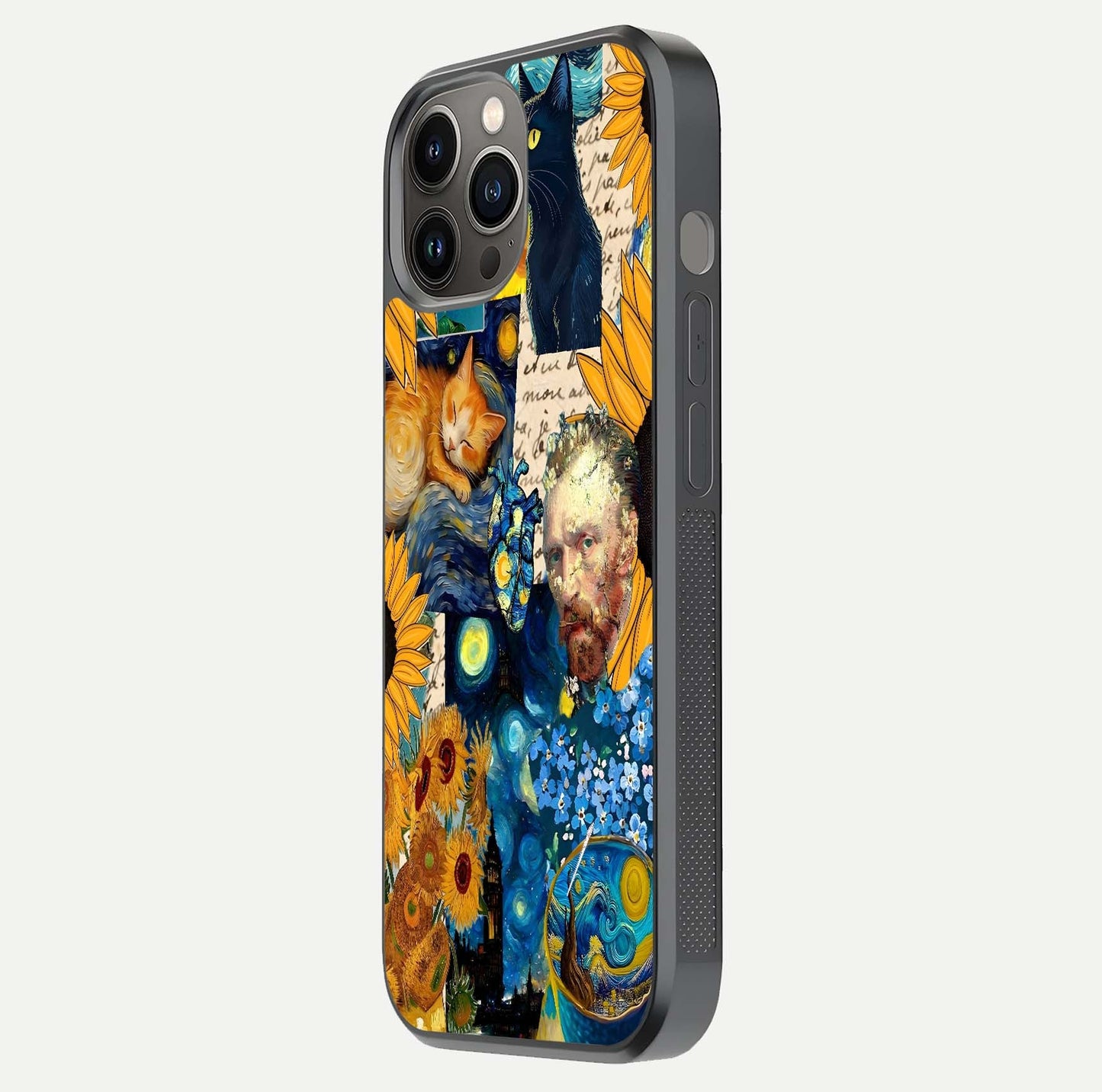 Sunflower Cat Art Glass Case for iPhone 12 Pro Max side-angle image showing shine, edges, and sunflower texture