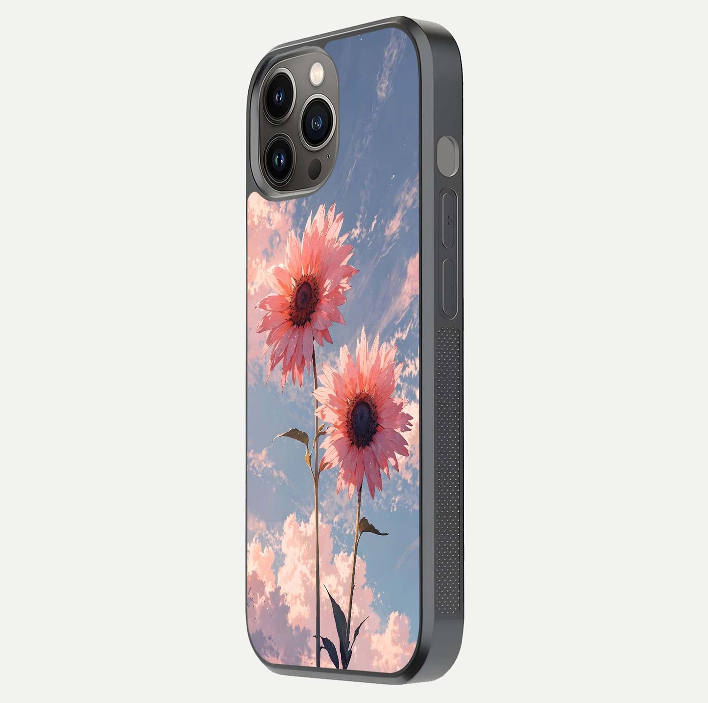 Sunlit Daisy Glow Glass Case for iPhone 12 Pro Max side-angle image showing shine, gloss, and floral highlight