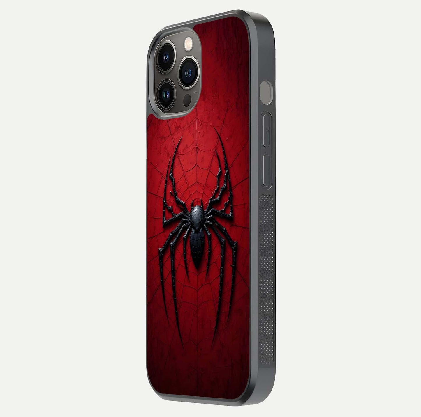 Venom Web Emblem Glass Case for iPhone 12 Pro Max side-angle image showing reflection and dark color tones