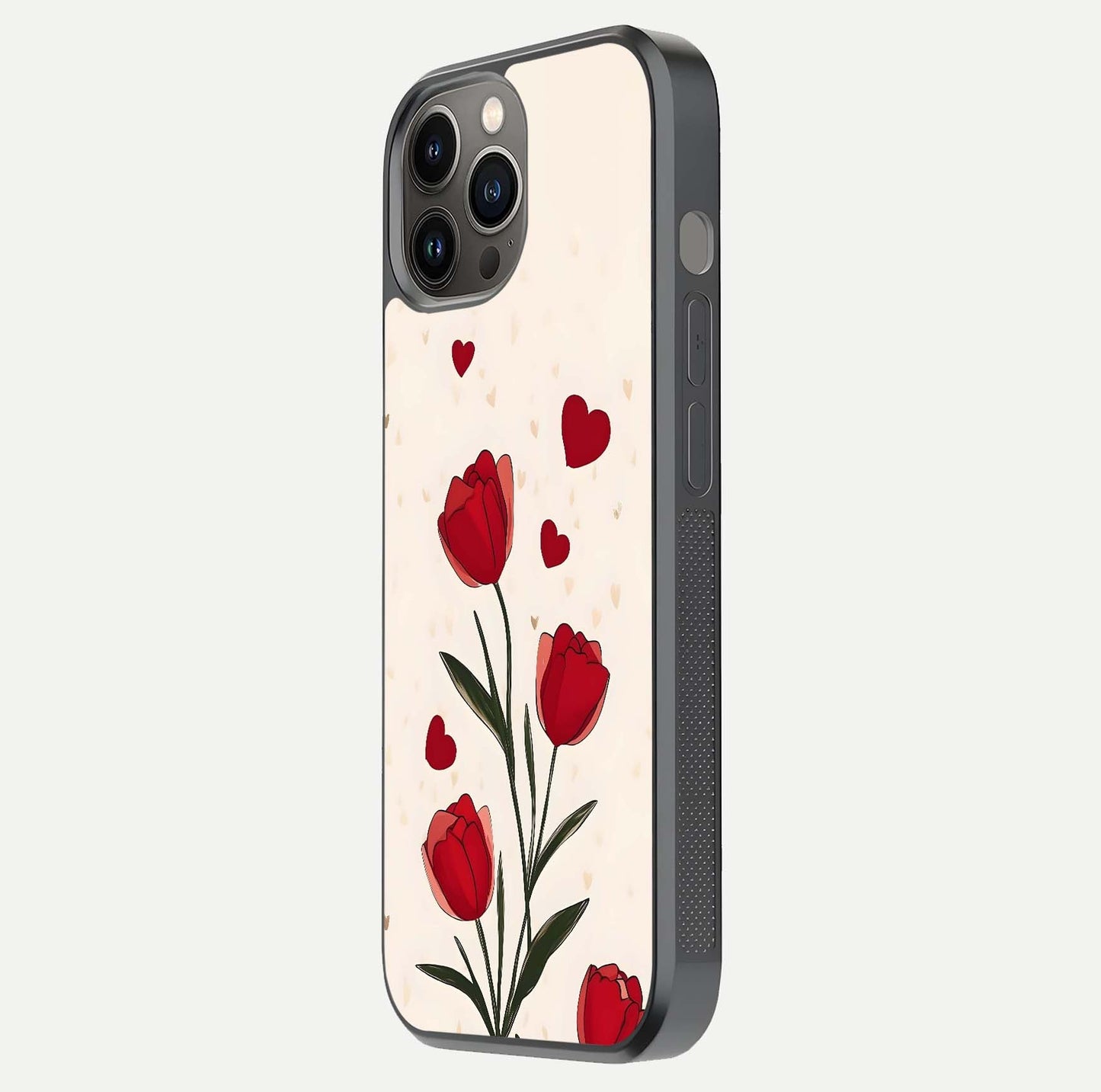 Tulip With Heart Glass Case for iPhone 12 Pro Max side-angle image showing floral reflection and subtle gradient