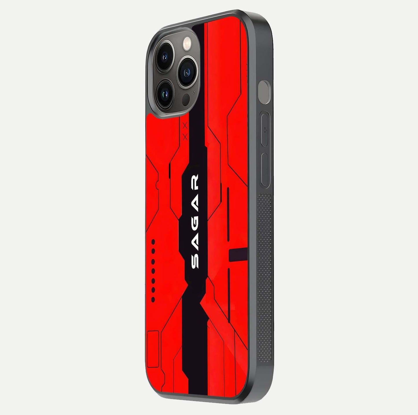 Voltage Rise CYBERPUNK Custom Name Glass Case for iPhone 12 Pro Max side-angle image showing gloss and cyberpunk detail