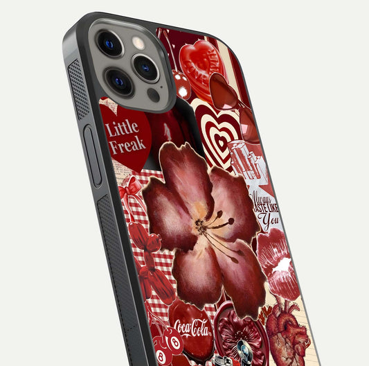 Aesthetic Little Freak Glass Case for iPhone 12 Pro Max close-up angled shot showing detailed artwork, bold design, and gloss reflection