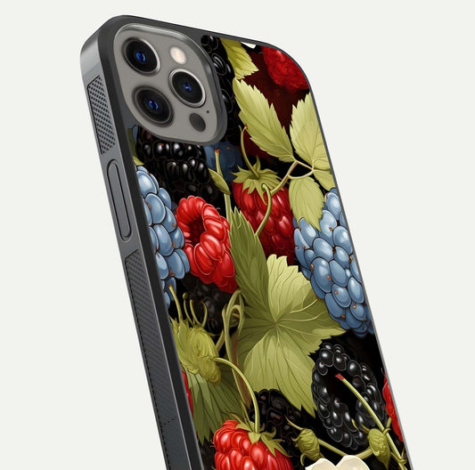 Berry Bloom Charm Glass Case for iPhone 12 Pro Max close-up view highlighting berry color tones and fine petal detailing