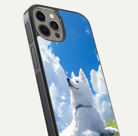 Blissful Cloud Pup Glass Case for iPhone 12 Pro Max close-up image highlighting puppy details and glossy reflection