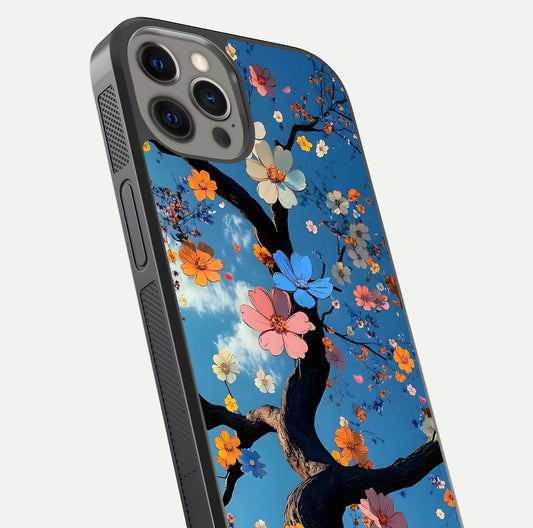 Blossom Dream Sky Glass Case for iPhone 12 Pro Max close-up shot highlighting dreamlike clouds and pink blossoms